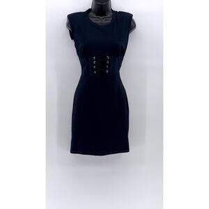 STUDIO F Women's Navy Blue Crewneck Shoulder Padded Sleeveless Corset Dress SZ 4